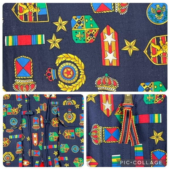 Vtg LizSport Medal Print/Red Reversible Preppy Vintage Military Zip Vest - Sz L - Picture 2 of 16